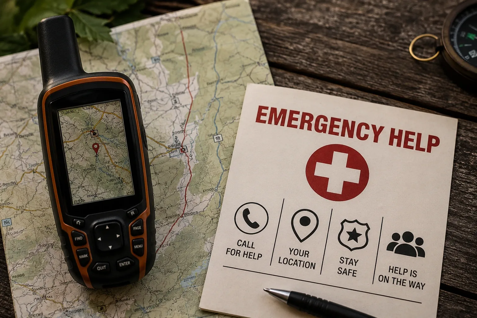 Emergency help card, GPS and map