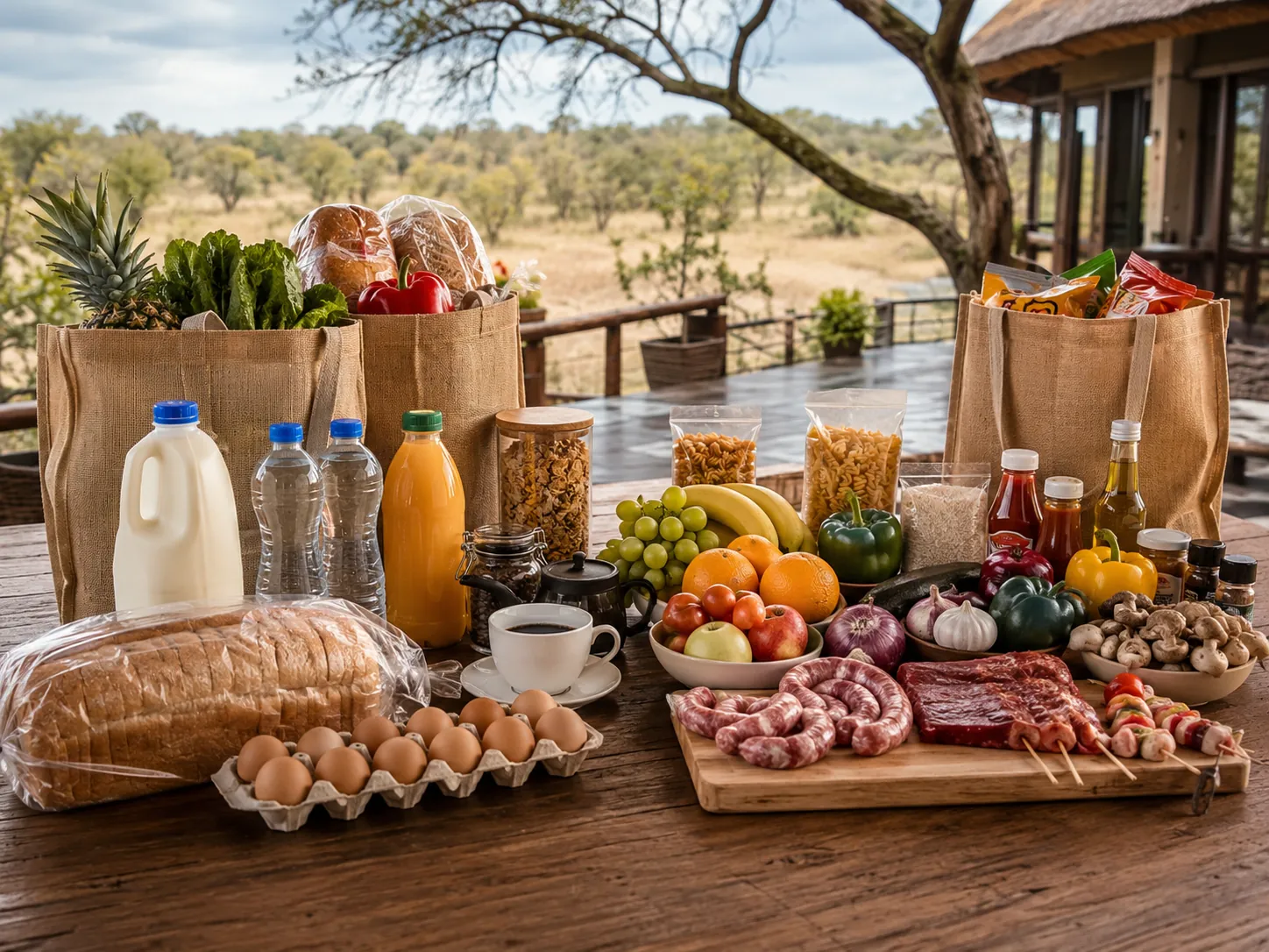 Groceries and braai essentials laid out at a lodge