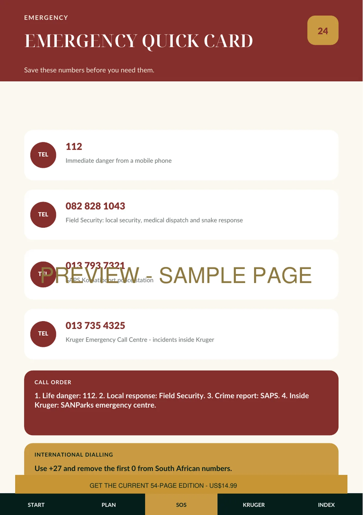 Emergency quick card sample page