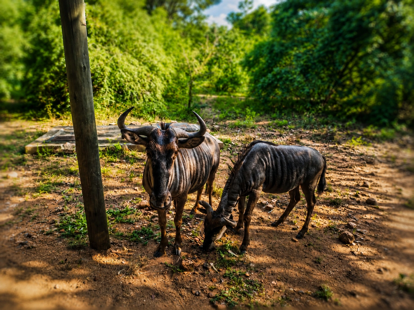 Two wildebeest near a property